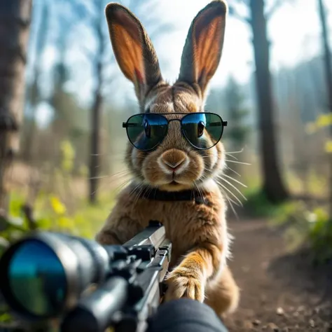 a rabbit with bunny ears, military sunglasses, aiming with a gun at the viewer, blurry background, blurry foreground, depth of field, motion blur, in nature,