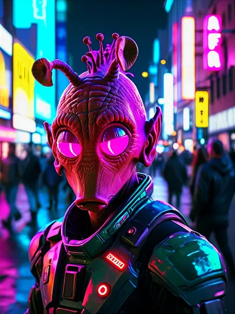 rodian alien,in a sci fi city,neons,street,looking up,cinematic shot, masterpiece, best quality, soft light, bokeh, real shadow, cinematic, subsurface scuttering<lora:RodianXL:0.8>