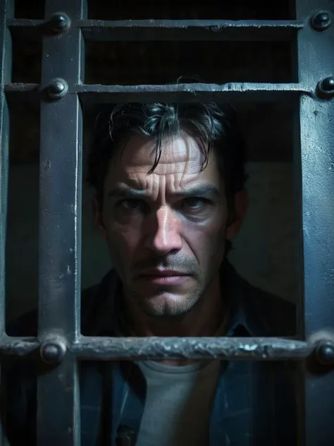 a man looks at the viewer from within his prison cell, metal bars, dramatic lighting