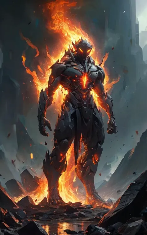 Rising from the jagged shards of obsidian, a humanoid fire elemental stalks the remains of eruption.