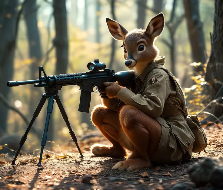 RAW photo, post processing, Cinematic, masterpiece, Disney's Bambi wielding a sniper rifle, film grain, soft lighting, high contrast