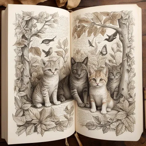 pencil drawing of an open book with pages filled with illustrations showing cats and nature