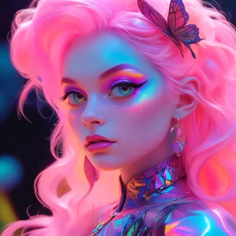 a wonderfully detailed human like creature with mysterious features, (vibrant glowing neon colors), iridescent skin