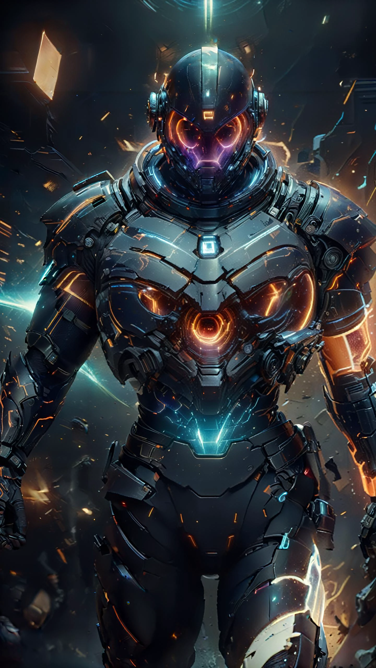 photoreal,Best quality,masterpiece,ultra high res,advertising,extreme overengineered extreme edgy flat extreme futuristic extreme agressive scifi male full bodyarmor ,angled shot,dark blue lights, panoramic extreme detailed background, bright whiteblue lights <lora:add-detail-xl:1.7> <lora:InfraBlackholeTechAI:1.5> <lora:Cyber_Tech:1.5>