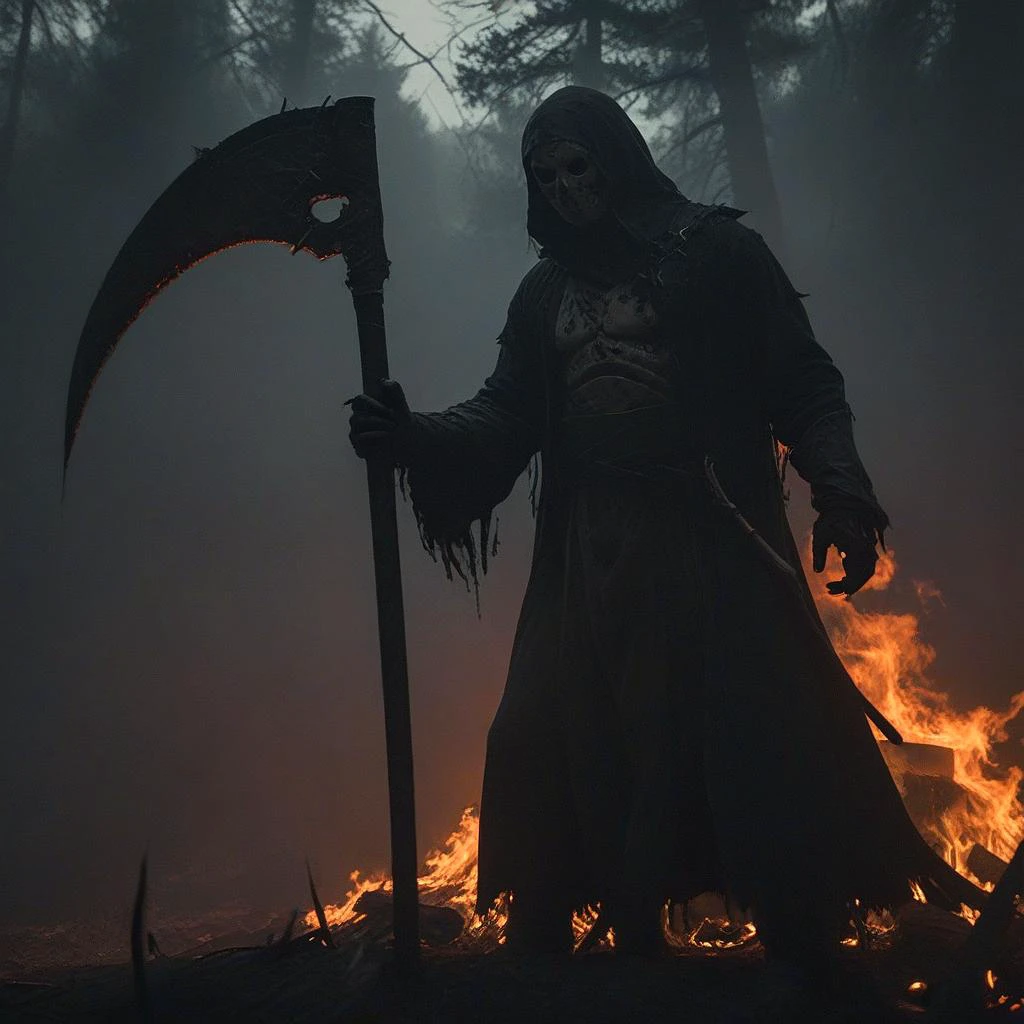 Jason on fire holding a large scythe, In the style of a 90âs horror film, cinematic