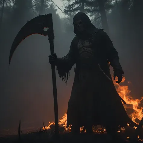 Jason on fire holding a large scythe, In the style of a 90âs horror film, cinematic