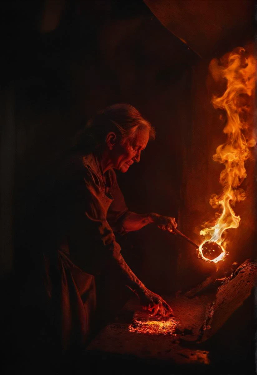 nighttime, a sweaty dirty messy ancient (grey:1.2) (old:1.2) (hag:1.1) (working:1.4) wrinkly female (granny:1.1) witch (blacksmith:1.5) hidden in shadow with glowing hot iron contrast tattoos (hammering:1.2) forcefully a piece of (hot glowing:1.2) iron machinery, tinkering, dark workshop backdrop, (apron:1.2), red sparks, (high contrast:1.2), shadows, glowing lights, extremely (dark background,:1.2), labor, dark scene,intricate, detailed, backlight, sleep, dusk, <lora:- SDXL - frzrenit_red_hot_nitro_V2.0:0.8> <lora:- SDXL - vant_blk_contrast_V2.0:1>