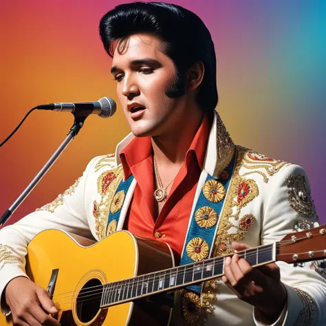 hippie art with Elvis singing, long sideburns, carefully selected hyper colors, modern, masterpiece, highest quality, Midjourney, symmetrical, hyperdetailed, cinematic lighting, RAW photo, 32K resolution, HDR, Clear, UHD, ray tracing, post processing