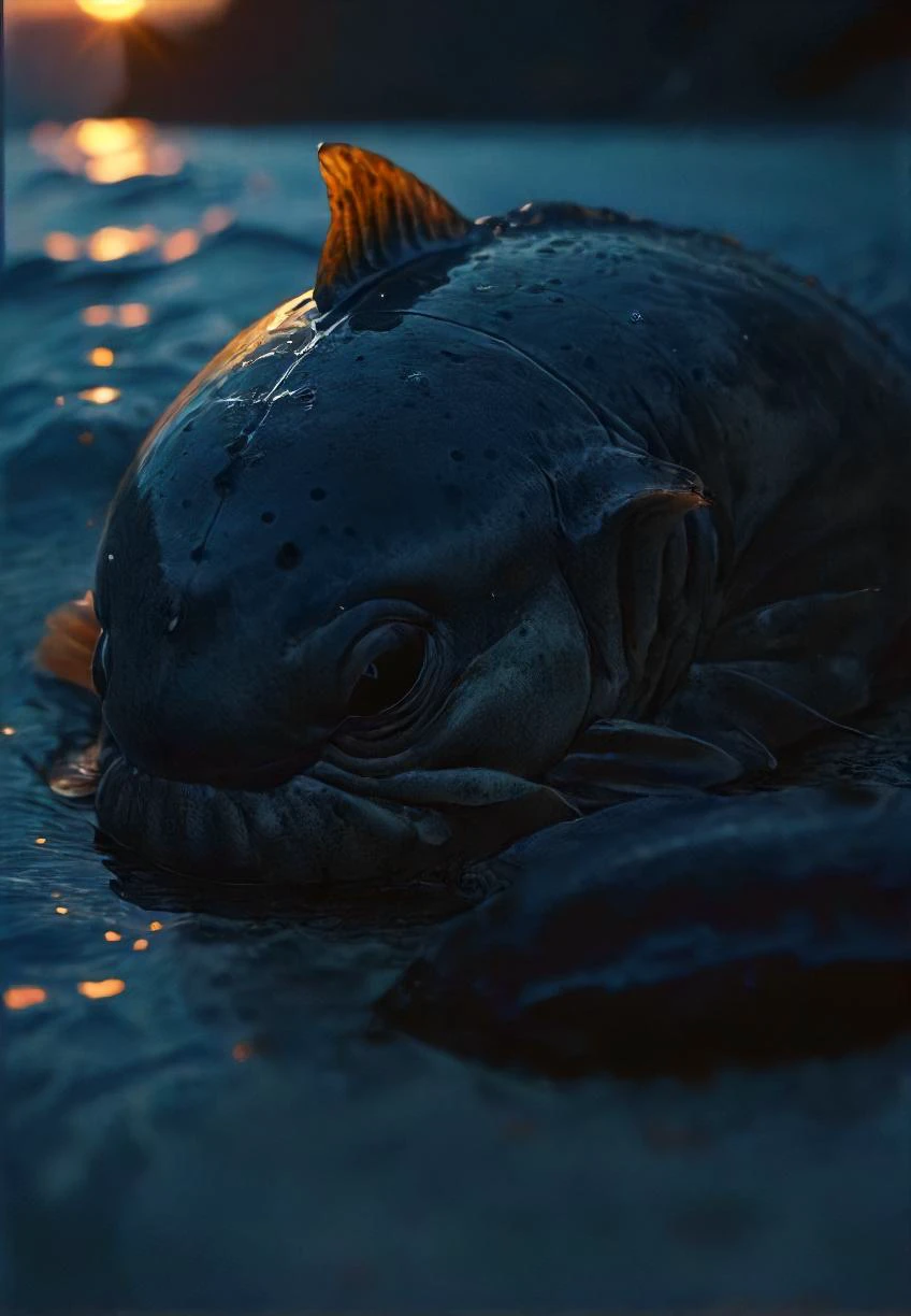 serene (sleeping:1.2) fish, rugged, dusk, water, contagious (yawn:1.2), dark, calm, slumber incoming, realistic, highly detailed, dark, nighttime, backlight, sss, <lora:- SDXL - vntblk_vanta_shapes_V1.0:0.7>