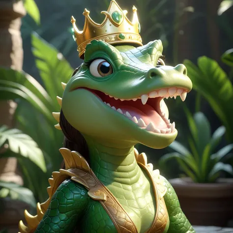 unreal engine, ray tracing, 16k, alligator princess, happy