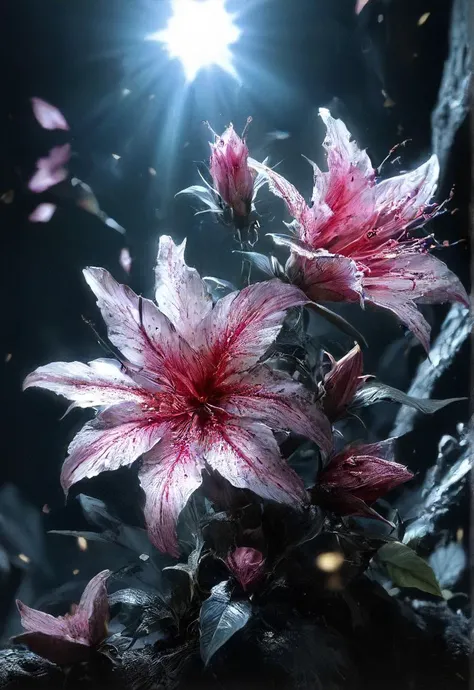 on a beautiful star-filled night, a insane crazy flower is cutting trough the darkness with a sword of light! <lora:- SDXL - vant_blk_contrast_V2.0:0.8>