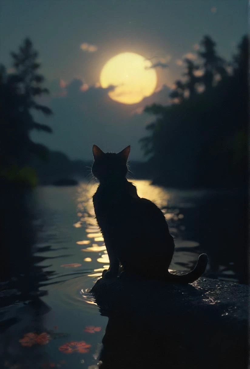 polite serene cat (fish:1.3) bidding farewell, dusk, water, dark, calm, realistic, highly detailed, dark, nighttime, backlight, sss,  <lora:- SDXL - vntblk_vanta_shapes_V1.0:0.7>