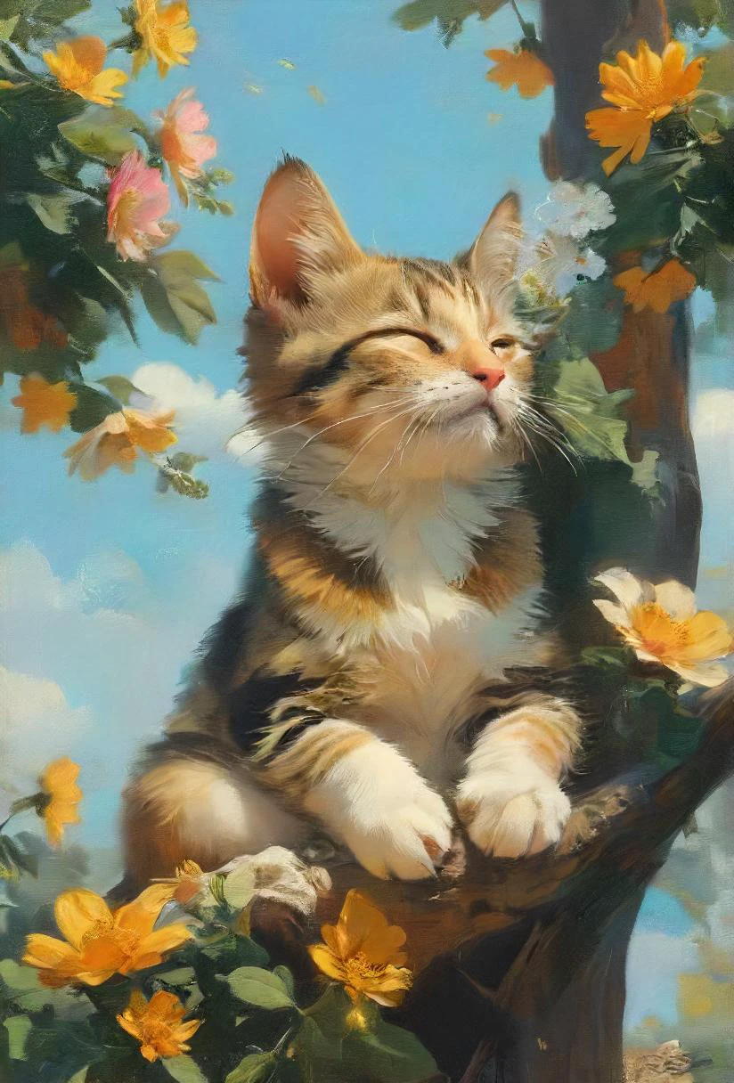 slow down and relax on a calm day sitting on tree asleep while time stands still and a noisy cat is pollinating a flower, <lora:SDXL - Style - EldritchRomanceIllustration1.3.1:0.8> <lora:Surrealism style:0.8> <lora:- SDXL - vant_blk_contrast_V2.0:0.8>
