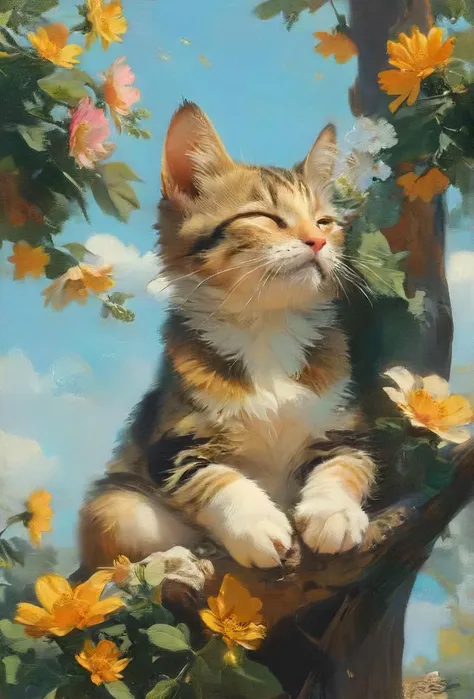 slow down and relax on a calm day sitting on tree asleep while time stands still and a noisy cat is pollinating a flower, <lora:SDXL - Style - EldritchRomanceIllustration1.3.1:0.8> <lora:Surrealism style:0.8> <lora:- SDXL - vant_blk_contrast_V2.0:0.8>