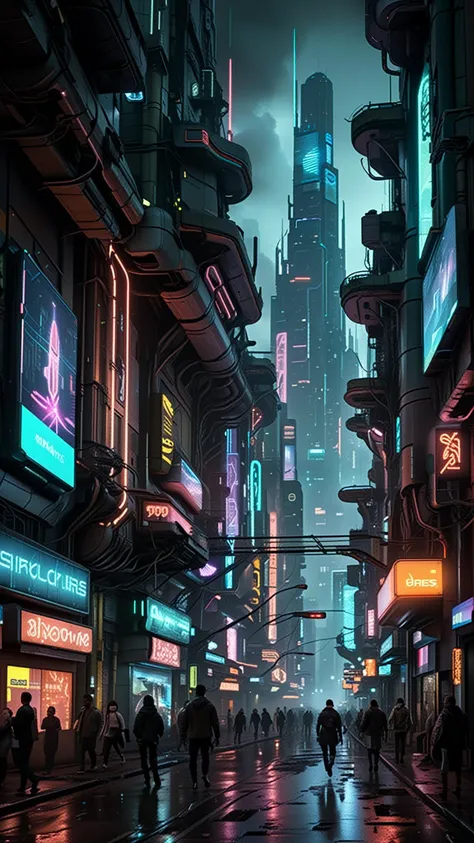 super detailed cyberpunk city scene set in a dystopian future where towering skyscrapers pierce the smog-filled sky, casting long shadows over neon-lit streets bustling with augmented reality billboards and holographic advertisements. Describe the labyrinthine alleyways lined with flickering neon signs, where steam rises from grates in the pavement and the air is thick with the scent of fried street food and industrial pollutants. In the distance, megacorporation headquarters loom like monolithic fortresses, their facades adorned with glowing logos and surveillance cameras. Above, sleek hovercars zip through the air, leaving trails of shimmering light against the backdrop of towering buildings adorned with intricate cybernetic enhancements. Amidst the chaos, cybernetically enhanced (crowds:3.2) of individuals with glowing implants and augmented limbs navigate the bustling streets, their faces illuminated by the eerie glow of neon lights as they interact with holographic interfaces and virtual reality overlays <lora:Cyber_Background_sdxl:0.33> <lora:d\EnvyTechnobrutalistXL01:0.33> <lora:add-detail-xl:0.66> <lora:extremely_detailed:0.66>