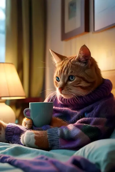 ASCIIthe image captures a heartwarming moment between a multicolored cat and its owner, who is sitting on a bed. the cat, with its soft fur of various hues, rests comfortably under a vibrant blue blanket. the owner, wearing a purple sweater, cradles the cat gently in their arms while playing a video game. a green lamp casts a warm glow onto the scene, highlighting the bond shared between the two companions. the image exudes a sense of tranquility and love, painting a picture of a quiet evening spent indoors.