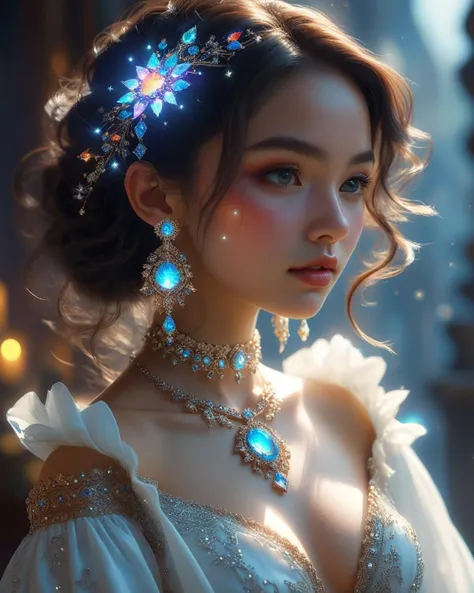 Cosmic 1girl, unearthly beauty, look at viewer, volumetric mystical light, exposed shoulders and neck, earrings, simple necklaces, there's a brooch in my hair, (8k detailed masterpiece, high brilliance in presentation, best possible image reproduction quality, best possible color depth, detailed depiction quality, excellent native resolution), epic scene, the image on the left seems to be shattered into small particles