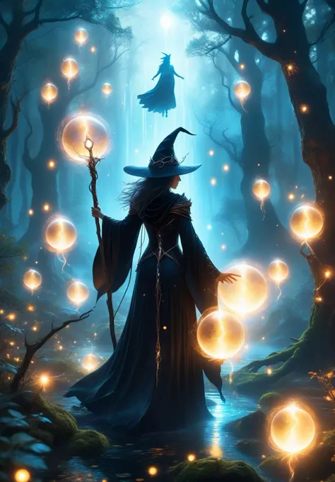 A powerful witch with flowing dark robes and a glowing staff, standing in a mystical forest surrounded by enchanted creatures and floating orbs of light, high detail, magical atmosphere, ethereal lighting, look at cam