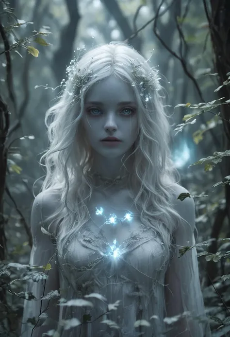 (medium full shot) of (pale ghost) ethereal figure, transparent fading body, fading hands, glowing blue eyes, pale,ghostly hair, glowing softly, shimmering faintly with an unsettling vibe, eerie, glowing amulet, set in a spectral forest, with bioluminescent plants, faint whispers, a mystical ambiance, at night, amidst a thick fog, ,Masterpiece,best quality, photo, realistic, very aesthetic