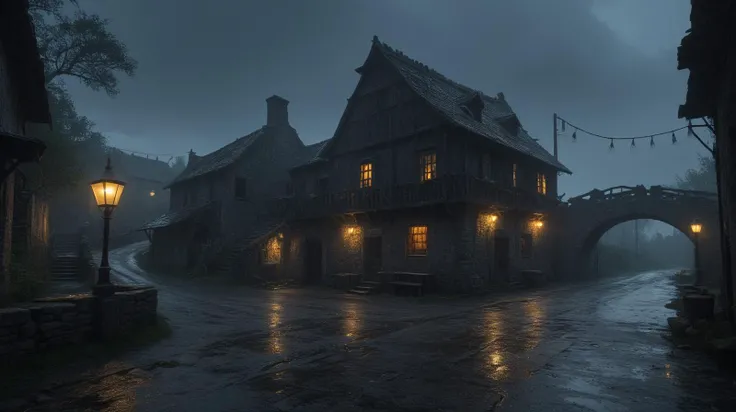 solo, dark tavern in an abandoned village, raining, street lights, bridge in the background, ominous sky