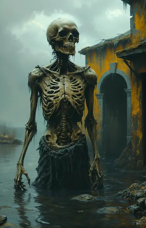 a painting that depicts a skeleton standing in front of a dark ominous building. The painting is in a realistic style and is quite detailed. The colors used in the painting are mostly dark and muted with the exception of the yellow background. The skeleton is the main focus of the painting and it is standing on a small island in the water. The building in the background is dark and ominous lit with a group of skeletons on the roof. The overall mood of the image is eerie and unsettling. , <lora:- SDXL - vanta-black_contrast_V3.0:0.8>, <lora:- SDXL - sharpdtls_lightatmo_V1.0:.8>