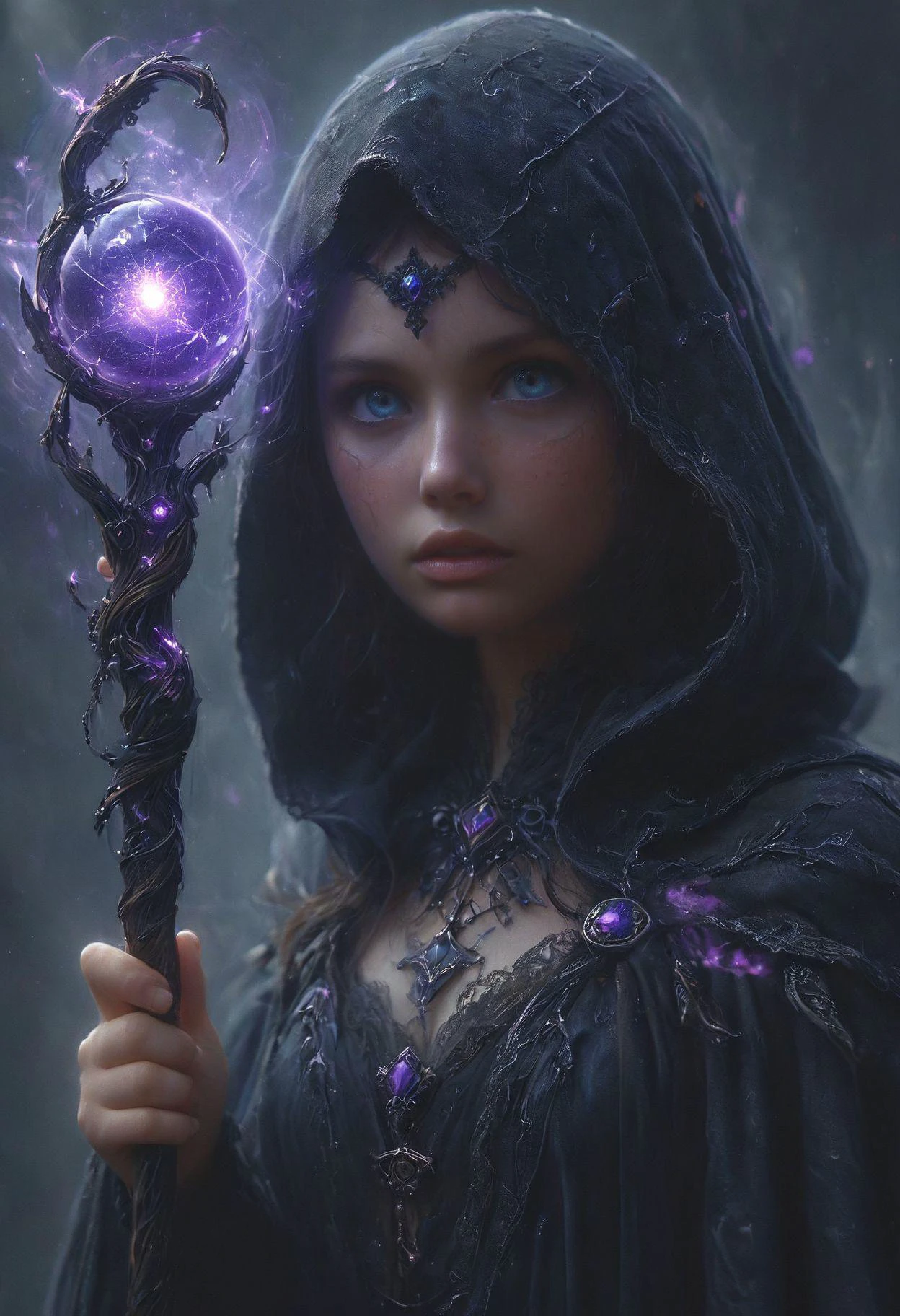 solo, kleofiasdxl in absolute darkness, profoundly no light, holding black-purple heart shaped orbstaff,
pointed hat, translucent skin, Describe the captivating scene captured in the vintage photograph featuring a Bedouin artist skillfully swallowing a massive sword in the style of Final Fantasy, amidst a mesmerized audience. Provide details about the artist's attire, the sword's intricate design, and the expressions of the onlookers as they witness this extraordinary performance., amazing quality, masterpiece, best quality, hyper detailed, ultra detailed, UHD, perfect anatomy, portrait, dof, hyper-realism, majestic, awesome, inspiring, closeup, an weathered outworn old Fantasy cape, smooth, Closeup, by Dring, rust paint peelz, atmospheric haze, cinamatic composition, soft shadows, national geographic style <lora:XL Weapon Orbstaff - By HailoKnight - v1.0:0.65> <lora:extremely detailed no trigger - sliders.ntcai.xyz - v1.0:0.6> <lora:Zavys Dark Atmospheric Contrast - SDXL - v1.0:0.8> <lora:Translucent - Subsurface Scattering Test - v0.1:0.9> <lora:SDXL - Matte VantaBlack - Experiment - v2.0:0.6> <lora:Kleofia Candydolls Silver Starlets FLUX SDXL SD 1.5 - SDXL v2:1>