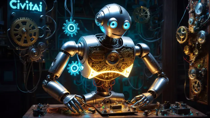 A whimsical clockwork robot with a glowing wrench, surrounded by floating gears and circuit boards, tinkering on a sign that reads 'Civitai Under Maintenance'. A glowing 'be right back' sign hangs in the background, with sparks of magic and light creating an aura of busy repair.