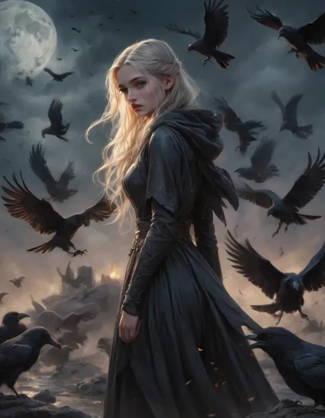 Create a mesmerizing ink illustration on parchment capturing the essence of a young enchantress. She kneels in a torn black dress, surrounded by a flock of ravens under a full moon. Her long blonde hair cascades down her back, adorned with a braid. With closed eyes and parted lips, she exudes an air of mystery and power. The dark, unsettling atmosphere is enhanced by the presence of a hooded cloak and a staff in her hand. The intricate details and sharp edges emphasize the mastery of this dark and eerie masterpiece