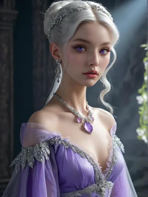 fashion editorial style, (Acclaimed Professional 3D rendering:1.3) of (Screen print:1.3),(Peaceful:1.3) Classic Purple, elite,wispy,deeply thoughtful, Courtesan, Narrow Hips, Triangular Face, Silver Hair, jade Eyes, Long Nose, Thin Lips, Receding Chin, Long Hair, Straight Hair, Ballerina Bun, Huggie earrings, cherry cream lipstick full body, nude, transparent gauze dress, scant, flimsy, undressing, breasts showing, creepy, gothic, rpg,1400ad, ultra detailed, detailed, immersive, reminiscent of high fantasy RPG games, HD, masterpiece, best quality, hyper detailed, super realistic, perfect face, perfect hands, award-winning, professional, breathtaking, uncultivated Ravine, sad weather, <lora:style-sylvamagic:1> style-sylvamagic,(by Artist Filippino Lippi:1.3),CGSociety,ArtStation,(Vaporwave Art:1.3),(Kinemacolor:1.3), high fashion, trendy, stylish, editorial, magazine style, professional, highly detailed