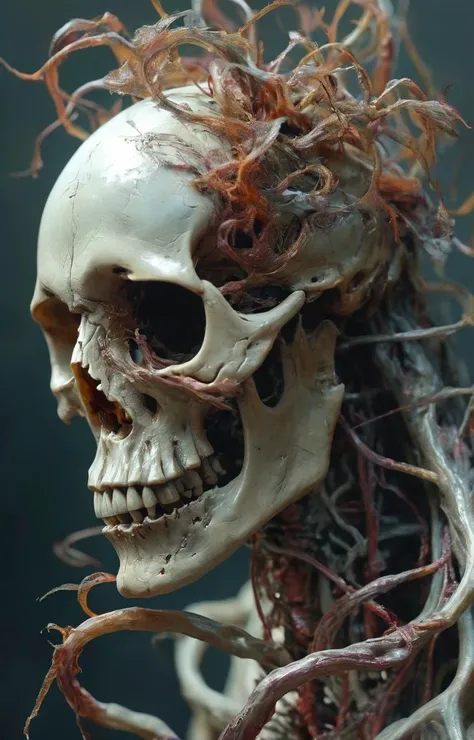 a creature with a skeletal and organic appearance with elongated tendrils or appendages a distorted skull-like face and intricate textures throughout its body. The medium appears to resemble digital art given the precision and the depth of colors used.