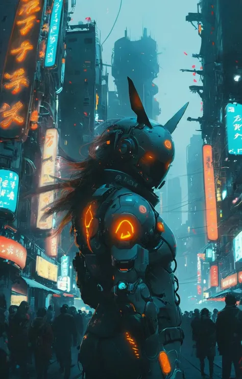 a character in an urban setting with a blend of futuristic and traditional elements. The character is equipped with advanced armor and weaponry and the background depicts a bustling city with neon signs. The medium appears to be digital art with a style reminiscent of anime. <lora:- SDXL - sharpdtls_lightatmo_V1.0:.7> <lora:- SDXL - vanta-black_contrast_V3.0:0.8>