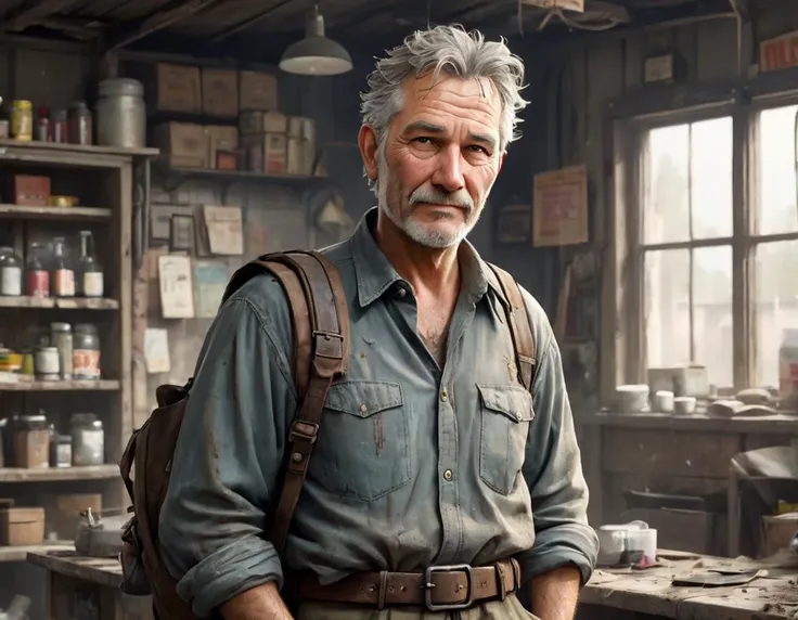 Post-apocalyptic theme. A slightly overweight older man, short stringy stubble hair, elongated head, hazel eyes, a shy, cautious smile, dirty and sweaty detailed skin texture, dressed in a worn shirt, tattered trousers and old boots, wearing a belt with carrying strap and belt bag. He stands in the remains of a reused general store and offers customers used goods, in the ruins remains of a small town that is still inhabited. (8k detailed masterpiece, best possible quality of image reproduction, best possible color depth, highly detailed playback quality, excellent native resolution)
