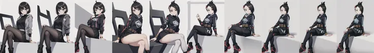 <lora:mai:0.1>,mai, 1girl, looking at viewer, smile, short hair, bangs, skirt, black hair, hair ornament, long sleeves, white background, jewelry, sitting, closed mouth, jacket, pantyhose, boots, shiny, hood, black skirt, black footwear, mole, bracelet, eyelashes, arm support, crossed legs, mole under mouth, grey jacket, brown bag