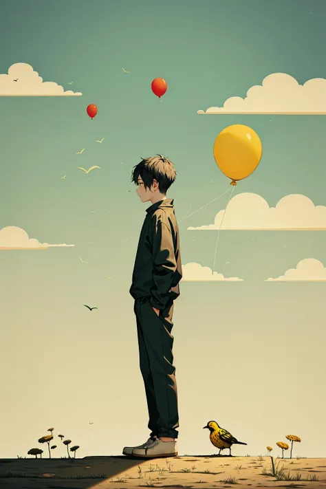 <lora:寻梦:0.9>,xun,balloon,1boy,male focus,black hair,bird,animal,pants,solo,standing,holding,