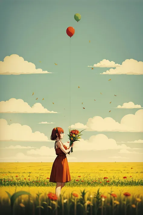 <lora:寻梦:0.9>,xun,upper body,Create an image of an anime girl with bright red hair,wearing a sundress and holding a bouquet of wildflowers,standing in a field of tall grass with a soft breeze blowing through. The scene should capture the whimsical and carefree style of Sakimichan,with a sense of peace and tranquility in the air.,