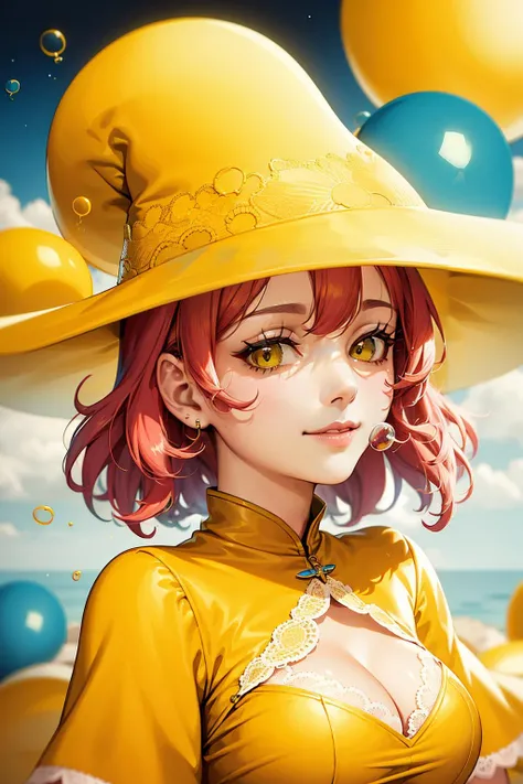 <lora:寻梦:0.9>,xun,mature_female,(luminous skin:1.2),smile,pink curly hair,(gorgeous (yellow:1.5) lace dress),Face close-up,(rich details:1.1),incredibly absurdres,(Floating with colorful bubbles:1.2),