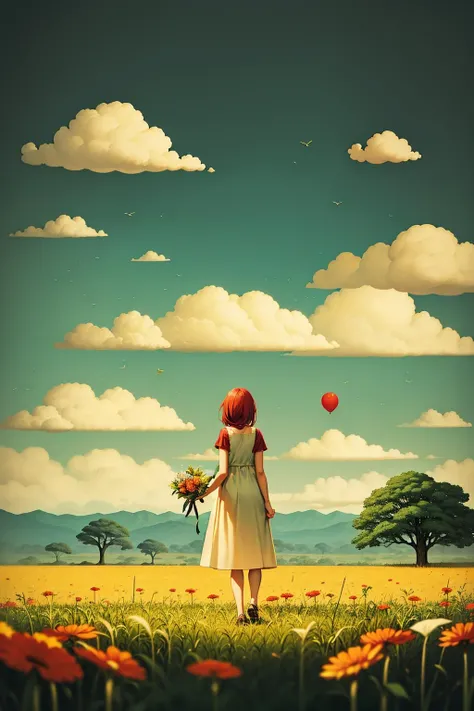 <lora:寻梦:0.9>,xun,Create an image of an anime girl with bright red hair,wearing a sundress and holding a bouquet of wildflowers,standing in a field of tall grass with a soft breeze blowing through. The scene should capture the whimsical and carefree style of Sakimichan,with a sense of peace and tranquility in the air.,