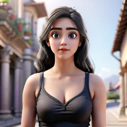 a tall standing beautiful 18 years young girl with expressive eyes and long black hairs .