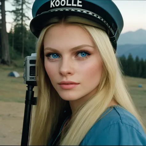 <lora:Helena (DOA):1> long blonde hair, blue eyes,, beautiful girl, Kooky portraits of 2000âs, typical 2000âs clothing style, (((shot on VHS))), photography, in a camping, realistic