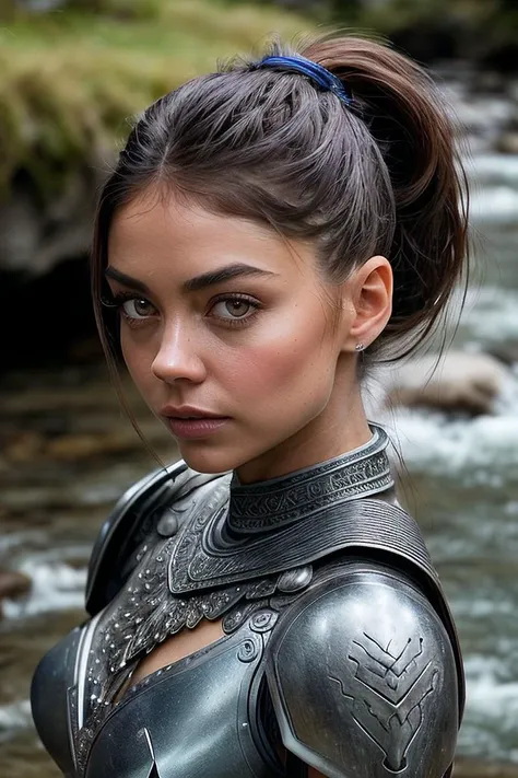 beautiful woman (S4r4hHyl4nd:.99), (( Sleek icy blue low ponytail hairstyle :1.2)), alternative jewellery, ((portrait)), (closeup:1.2), ((from the waist up)), ((( A stone bridge arching over a slow-moving stream :1.2 ))), natural skin texture, (( <lora:Armor:0.9:TT>armor, decorated armor :1.3)), 24mm, 4k textures, soft cinematic light, adobe lightroom, photolab, hdr, intricate, elegant, highly detailed, sharp focus, ((((cinematic look)))), soothing tones, insane details, intricate details, hyperdetailed, low contrast, soft cinematic light, exposure blend, hdr, faded, now, ("I've got a bad feeling about this.":1.1)