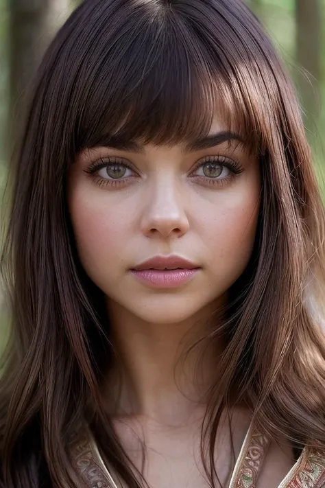 beautiful woman (S4r4hHyl4nd:.99), ((  Sleek chocolate brown lob with bangs hairstyle :1.2)), alternative jewellery, ((portrait)), (closeup:1.2), ((from the waist up)), ((( The Forest of Mirrors: A place where reality is distorted and nothing is as it seems :1.5 ))), natural skin texture,  (( Maxi robe  :1.3)), 24mm, 4k textures, soft cinematic light, adobe lightroom, photolab, hdr, intricate, elegant, highly detailed, sharp focus, ((((cinematic look)))), soothing tones, insane details, intricate details, hyperdetailed, low contrast, soft cinematic light, exposure blend, hdr, faded, now, ("I've got a bad feeling about this.":1.1)