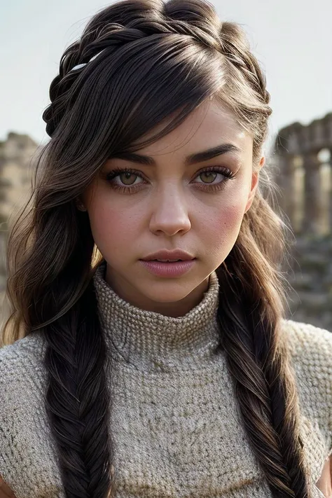 beautiful woman (S4r4hHyl4nd:.99), (( Seductive side braid :1.2)), alternative jewellery, ((portrait)), (closeup:1.2), ((from the waist up)), ((( Ancient ruins of a civilization that predates known history :1.2 ))), natural skin texture, (( cowl neck dress :1.2)), 24mm, 4k textures, soft cinematic light, adobe lightroom, photolab, hdr, intricate, elegant, highly detailed, sharp focus, ((((cinematic look)))), soothing tones, insane details, intricate details, hyperdetailed, low contrast, soft cinematic light, exposure blend, hdr, faded, now, ("I've got a bad feeling about this.":1.1)