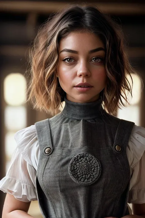 beautiful woman (S4r4hHyl4nd:.99), beautiful hairdo, gem jewellery, ((portrait)), (closeup:1.2), ((from the waist up)), ((( stage :1.2 ))), natural skin texture, (( Pinafore dress and short-sleeve turtleneck :1.2)), 24mm, 4k textures, soft cinematic light, adobe lightroom, photolab, hdr, intricate, elegant, highly detailed, sharp focus, ((((cinematic look)))), soothing tones, insane details, intricate details, hyperdetailed, low contrast, soft cinematic light, exposure blend, hdr, faded, now, ("I've got a bad feeling about this.":1.1)