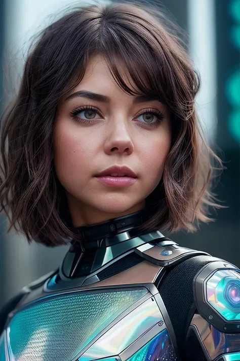 beautiful woman (S4r4hHyl4nd:.99), (( Short chocolate brown shaggy bob hairstyle :1.2)), alternative jewellery, ((portrait)), (closeup:1.2), ((from the waist up)), ((( Futuristic dystopian city viewpoint with automated drone transportation networks :1.2 ))), natural skin texture, (( <lora:conceptHolographic_holographicClothing:0.6:OUTS>holographic clothing, holographic, dress :1.3)), 24mm, 4k textures, soft cinematic light, adobe lightroom, photolab, hdr, intricate, elegant, highly detailed, sharp focus, ((((cinematic look)))), soothing tones, insane details, intricate details, hyperdetailed, low contrast, soft cinematic light, exposure blend, hdr, faded, now, ("I've got a bad feeling about this.":1.1)