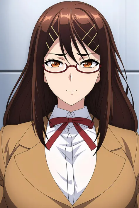 Simple White Background,
red ribbon, school uniform,brown Jacket,collared shirt,
<lora:Chitose_Naruse_GiantInsects-KK77-V1:0.7>,glasses,
bangs, brown eyes, brown hair,hair ornament, hairclip, long hair,
<lora:Mariana_Luciano_NON_VIRGIN-KK77-V1:0.3>,<lora:more_details:0.1>,
1 girl, 20yo,Young female,Beautiful Finger,Beautiful long legs,Beautiful body,Beautiful Nose,Beautiful character design, perfect eyes, perfect face,expressive eyes,perfect balance,
looking at viewer,(Focus on her face),closed mouth, (innocent_big_eyes:1.0),Light_Smile,
official art,extremely detailed CG unity 8k wallpaper, perfect lighting,Colorful, Bright_Front_face_Lighting,shiny skin,
(masterpiece:1.0),(best_quality:1.0), ultra high res,4K,ultra-detailed,
photography, 8K, HDR, highres, absurdres:1.2, Kodak portra 400, film grain, blurry background, bokeh:1.2, lens flare, (vibrant_color:1.2),professional photograph,
(Beautiful,large_Breasts:1.4), (beautiful_face:1.5),(narrow_waist),