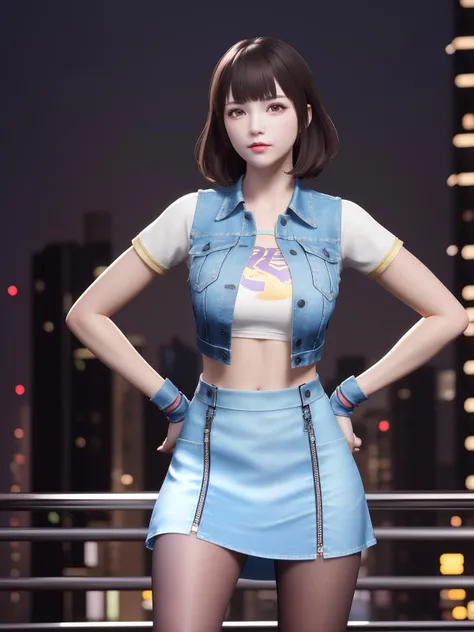 CFkongBW, 1girl, solo, pantyhose, fingerless gloves, short hair, denim skirt, midriff, black hair, denim jacket, bangs, lips, brown eyes, shirt, <lora:CFkongBW:0.75>,cityscape, night, looking at viewer, mature female, standing, hand on hip,