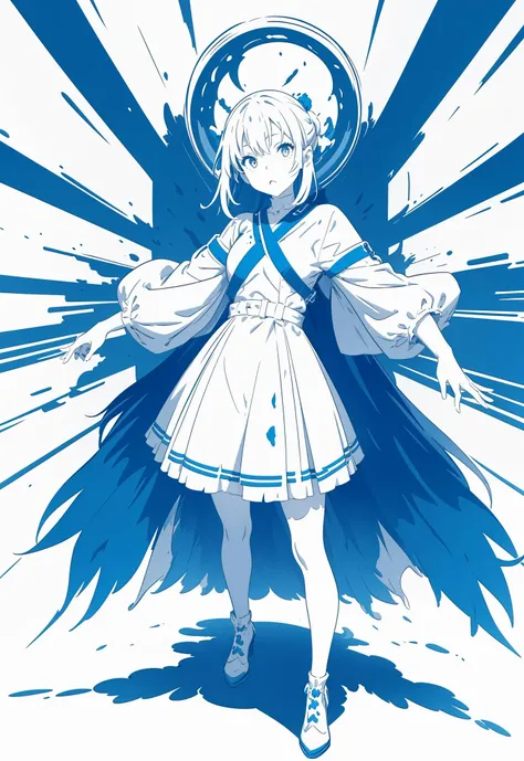 ((((ultra illustrated style:1.0)))),best quality,best animated,masterpiece,monochrome, 1girl, solo, white background, looking at viewer, simple background, blue theme,full body,standing, <lora:monochrome:0.7>