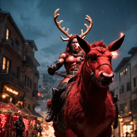 an exciting and action-packed image of a red raging reindeer for the christmas holiday event at civitai. it needs to be red and raging. (very red) and (very raging). it should also be christmas themed. it would also be nice if it could say "red team", but it's okay if it doesn't, since i know you're really bad at generating coherent text.