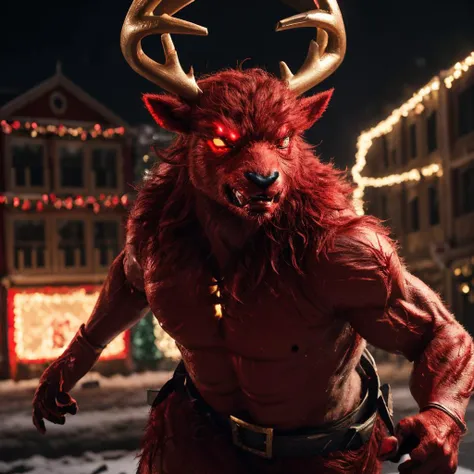 an exciting and action-packed image of a red raging reindeer for the christmas holiday event at civitai. it needs to be red and raging. (very red) and (very raging). it should also be christmas themed. it would also be nice if it could say "red team", but it's okay if it doesn't, since i know you're really bad at generating coherent text.