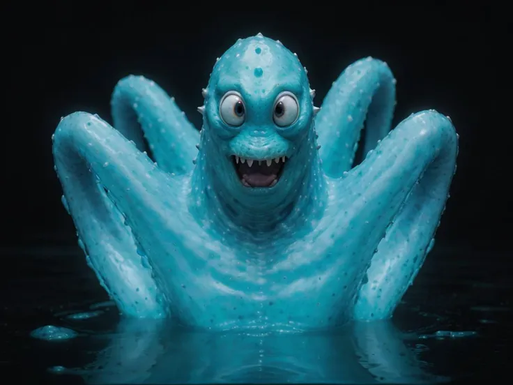 (extremadamente detallado, obra maestra, La mejor calidad), Estilo oscuro, intense illumination, rostro con arrugas, lengua larga, tentacle, deforme, monstruoso, interior de una piscina de agua verdosa, imagen submarina, alien con Colmillos finos, pico de pulpo amenazante. manchas de tinta. Rococo composition. Luz de caravaggio